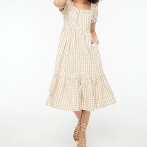 J Crew Ivory & Khaki Square Neck Puff Sleeve Midi Dress Sz 6 NWT